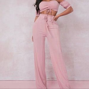 Off shoulder drawstring ruched front crop top and paper bag waist pants set